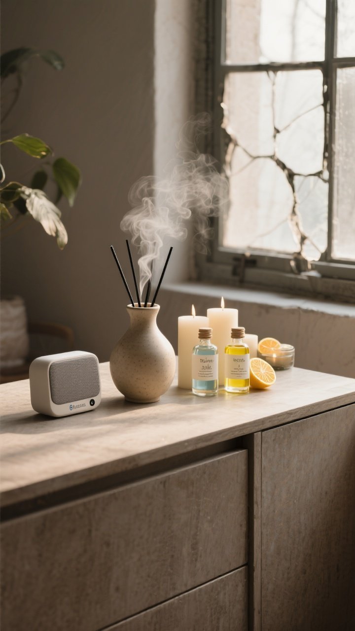 A closeup, moody vignette on a sideboard focusing on scent and sound: ceramic diffuser emitting a light mist beside candles reserved for gatherings, labeled oils in coconut, sea salt, and citrus; a small Bluetooth speaker suggesting soft bossa nova; windows cracked with a hint of breeze. Warm neutral textures, minimal styling, gentle late-afternoon light, photorealistic.