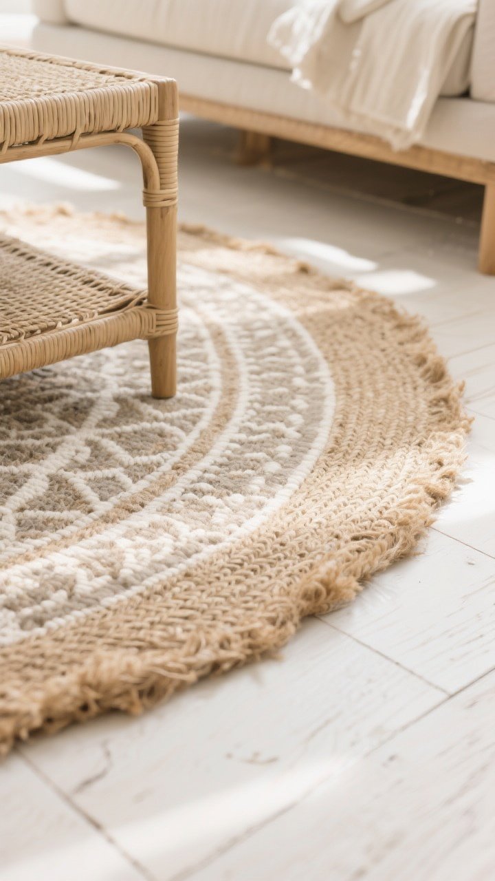 A detail closeup of a natural jute rug with a twist: a jute-cotton blend in a lighter sandy tone, showing its nubby, organic weave and softer hand. The shot captures the edge of the rug layered beneath a small patterned accent rug for depth, alongside rattan furniture legs and whitewashed wood flooring. Soft, indirect natural light highlights texture; include a hint of linen upholstery in frame. Dry, airy environment—no visible humidity cues.