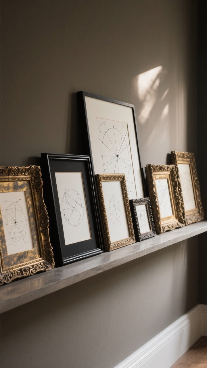 A detail, straight-on shelf vignette of vintage frames with modern prints: ornate antique frames with rich patina and some painted matte black, each with thick 3–4 inch mats; inside are minimalist line drawings and modern celestial charts; mixed sizes arranged on a ledge shelf for easy rotation; muted background wall in deep neutral; soft natural side light highlighting gilded texture and paper fibers; crisp, elegant, photorealistic.