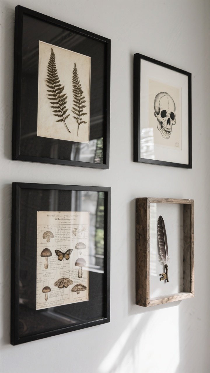 A detail, straight-on vignette of macabre botanicals and curios arranged like a collector’s display: pressed ferns in black frames with heavy cream and black mats, vintage scientific charts of mushrooms and moths with muted tones and old-style fonts, a single elegant skull illustration, and a shadow box holding a feather and antique keys; restrained palette of charcoal, bone white, and sepia; subtle directional light to emphasize paper grain and glass reflections; refined, not gimmicky, photorealistic.