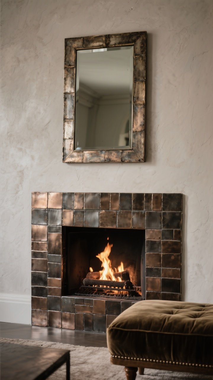 A detailed closeup, straight-on shot of a fireplace surround tiled in muted metallics: antiqued mirror and smoked bronze mosaic pieces with a brushed finish; soft, moody glow from firelight reflecting in a sophisticated, non-glitzy way; adjacent matte textures—a plaster wall and a velvet ottoman edge—providing contrast; narrow surround scale for big impact; photorealistic reflections with controlled highlights, metals clearly rated for heat zones.