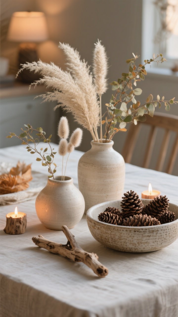A detailed tabletop closeup of edited nature finds for fall: ceramic vessels holding pampas grass, bunny tails, and bleached ruscus; a textural bowl filled with pinecones, small driftwood sticks, and tea lights. Neutral coastal palette with warm undertones, soft evening glow, restrained composition to avoid clutter, photorealistic.