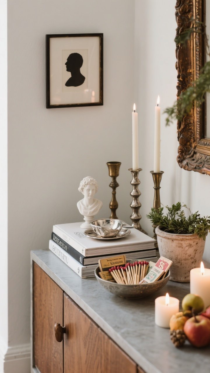 A detailed vignette close-up on a sideboard corner styled with curiosities: a small stack of design books, inherited silver pieces, a bowl of vintage matchbooks, an $8 tiny framed silhouette hung above, and a grouping of 3–5 mixed-height items including candlesticks, a petite bust, and taper holders; add natural elements like seasonal fruit and a ceramic cachepot of herbs; a few lit candles for atmosphere; photorealistic, no people.