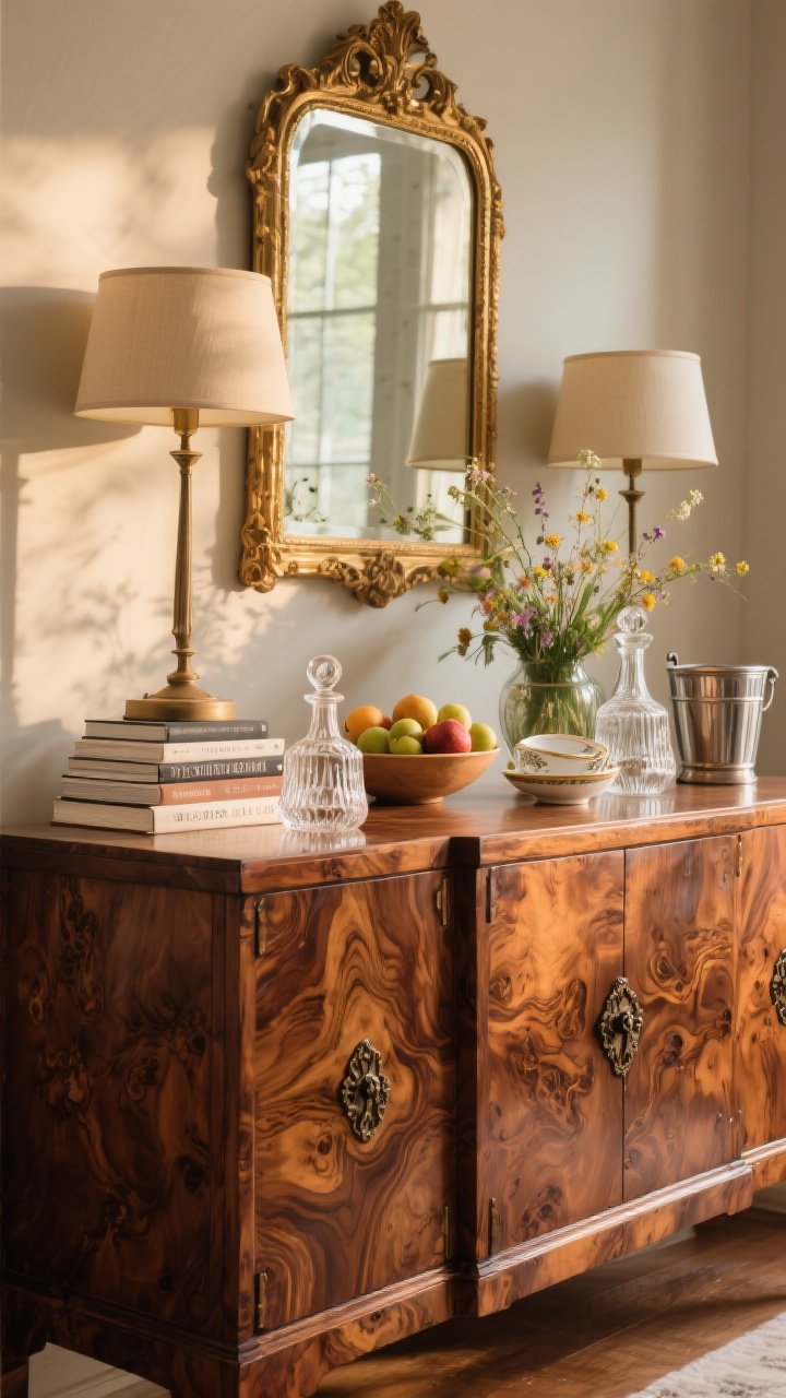 A medium close-up of a vintage mahogany sideboard with burl wood figuring and distinctive hardware, styled like a pro: a gilt mirror anchored above, a pair of lamps, stacked design books, a bowl of fresh fruit, and a loose vase of wildflowers; on the surface, display cut-glass decanters, a vintage ice bucket, and heirloom china; warm, late-afternoon light grazing the wood grain; photorealistic, no people.