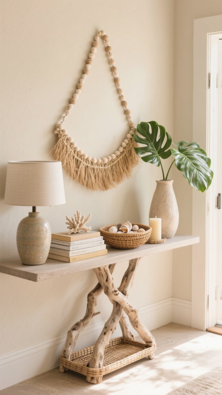 A medium console table styled as a seasonal coastal station: year-round base of a ceramic lamp, driftwood bowl, and woven tray; arranged with triangle balance. Summer setup: seagrass beaded garland draped over stacked books, a bowl of shells, and fresh monstera leaves in a tall vase; include a small coral and a candle as the small element. Warm afternoon light, photorealistic, entryway wall in light sand tone.
