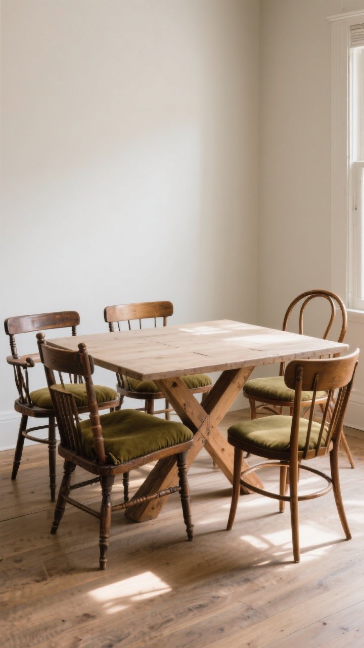 A medium corner-angle shot focusing on an eclectic set of dining chairs around a simple solid trestle table: vintage wood side chairs, two upholstered captain’s chairs at the heads, and one bentwood chair; unify them with the same olive upholstery fabric on seat cushions and consistent seat height; natural afternoon light, warm wood tones, intentional mix-and-mismatch styling; photorealistic, no people.
