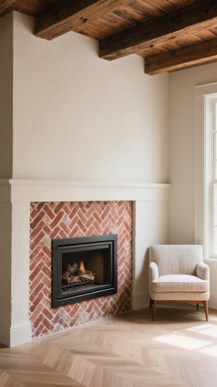 A medium, corner-angle shot of a fireplace faced in herringbone brick with warm red and clay tones; slim blackened steel edge trim framing the pattern for a tailored finish; rustic ceiling beams, a soft plaster mantel, and a linen-upholstered accent chair nearby for cozy, cabin-meets-city energy; optional light whitewash on some bricks for a softened, European effect; ambient afternoon light emphasizing texture and movement in the herringbone layout.