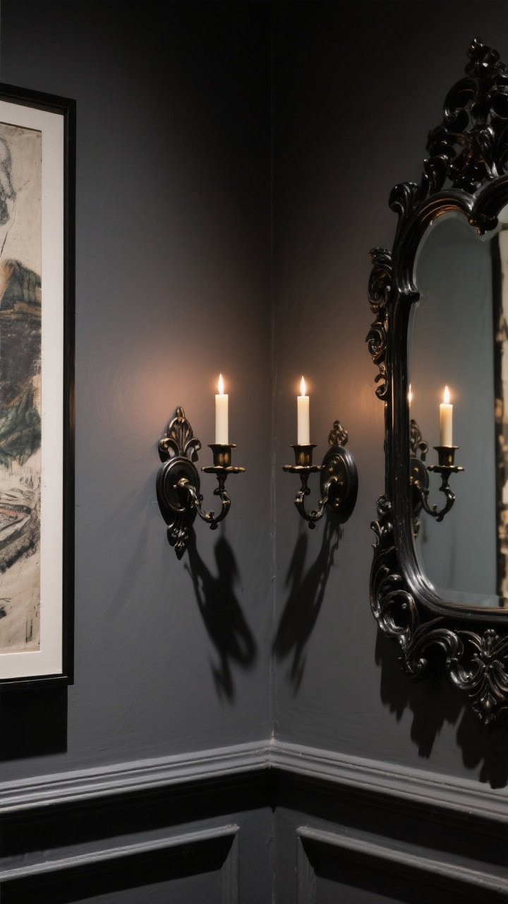 A medium corner shot focusing on gothic-inspired wall sconces and shadow play: a pair of blackened brass candle sconces at eye level (60–65 inches), framing a piece of art and an ornate mirror that multiplies the glow; LED taper candles produce warm, flickering light casting dramatic, crisp shadows on a matte charcoal wall; dim ambiance, controlled exposure to avoid glare; moody, atmospheric, photorealistic.