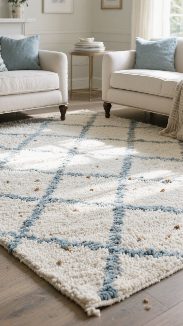 A medium living room vignette emphasizing a handwoven wool coastal classic rug: cream, stone, and watery blue in a subtle heathered weave with small diamond/herringbone pattern, multi-tonal to hide crumbs and pet hair. The rug sits under a sofa with at least the front legs on it, anchoring the seating. Soft, luxurious texture underfoot, balanced by tailored decor. Even, natural morning light; include a note of rotation-ready layout (no sun hotspots).