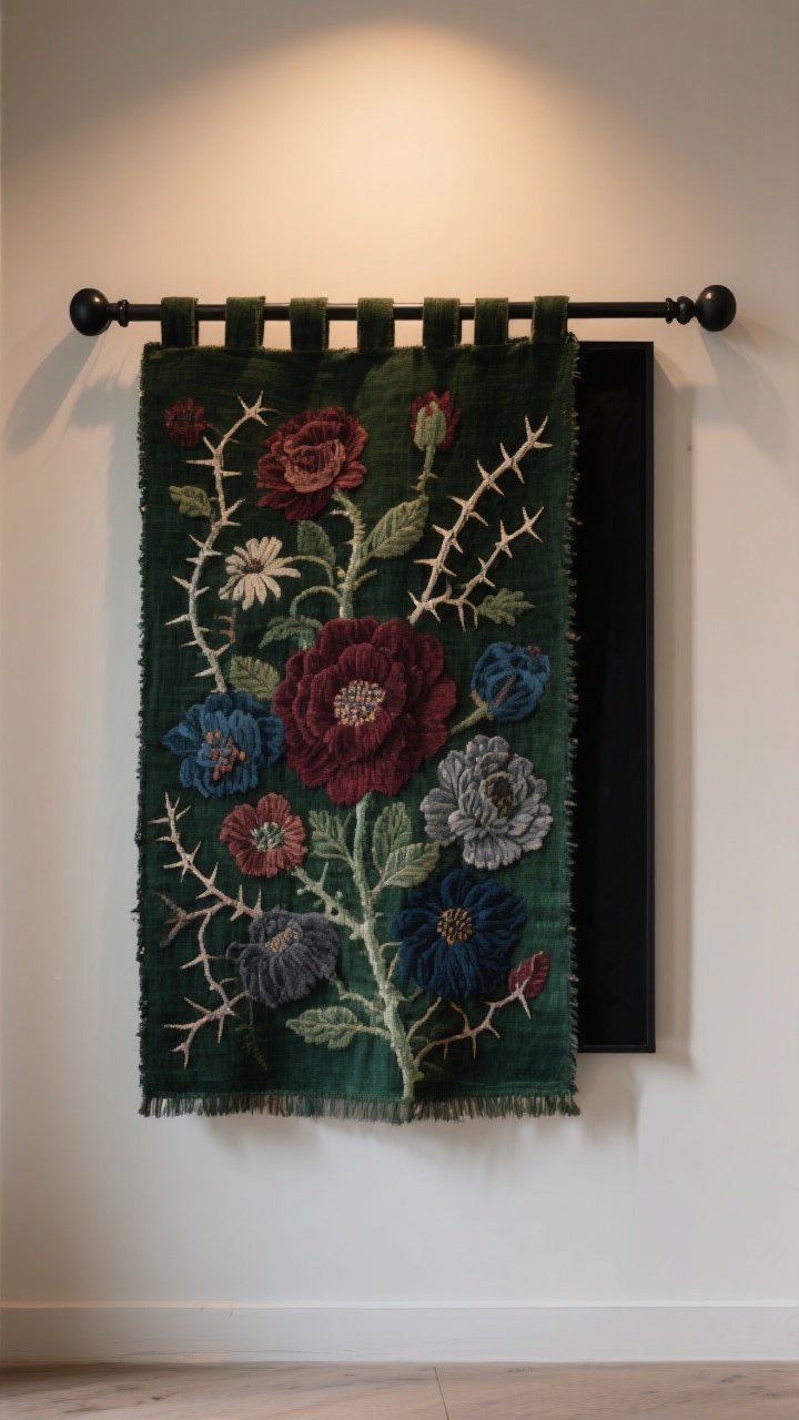 A medium shot of a wall-mounted tapestry with medieval mood: moody florals with thorns in forest green, oxblood, indigo, and charcoal; hung on a black metal rod with black clip rings for a tailored-meets-modern look; a small tapestry layered over a larger matte black canvas to frame the textile; soft, warm ambient lighting that showcases textile depth and softens acoustics; textures crisp and photorealistic, no people.