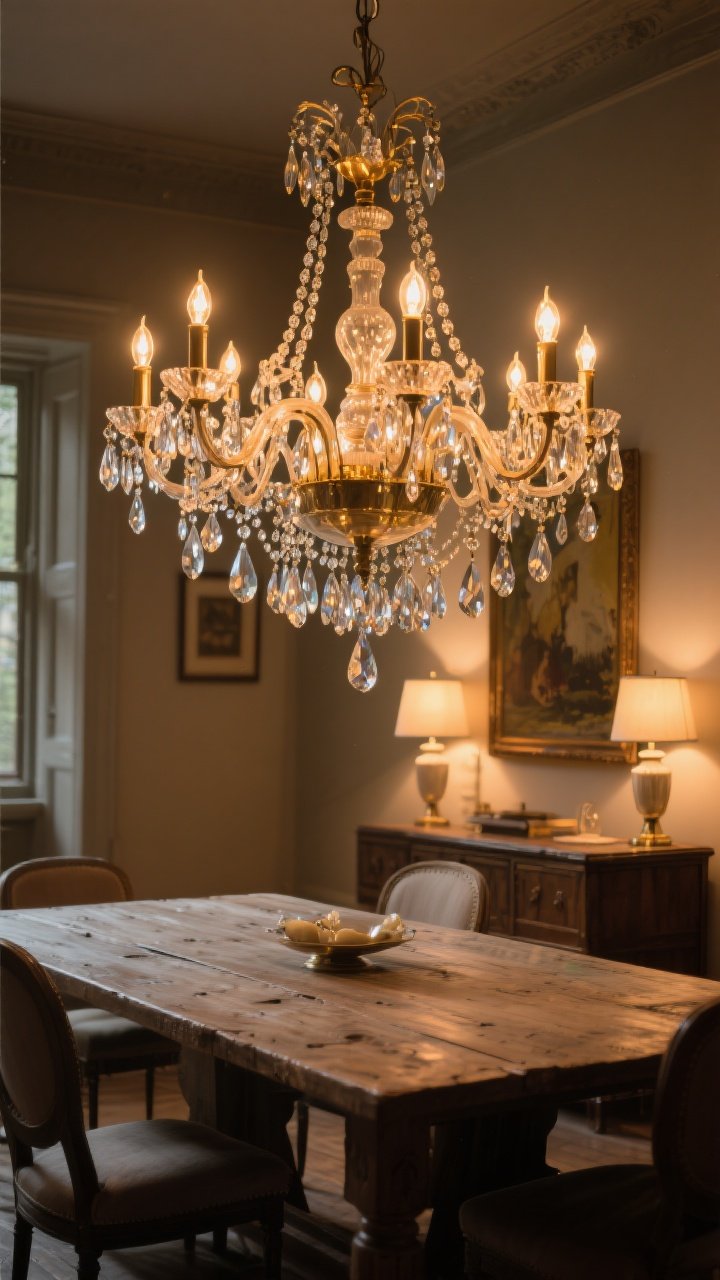 A medium, slightly low-angle shot centered on a dramatic vintage crystal chandelier over a rustic dining table, with warm 2700K bulbs glowing; include layered lighting: a pair of buffet lamps on a sideboard and picture lights over art in the background; add crystal drops for sparkle; dim, romantic ambiance around 60% brightness to emphasize brass tones and prismatic reflections; photorealistic, no people.