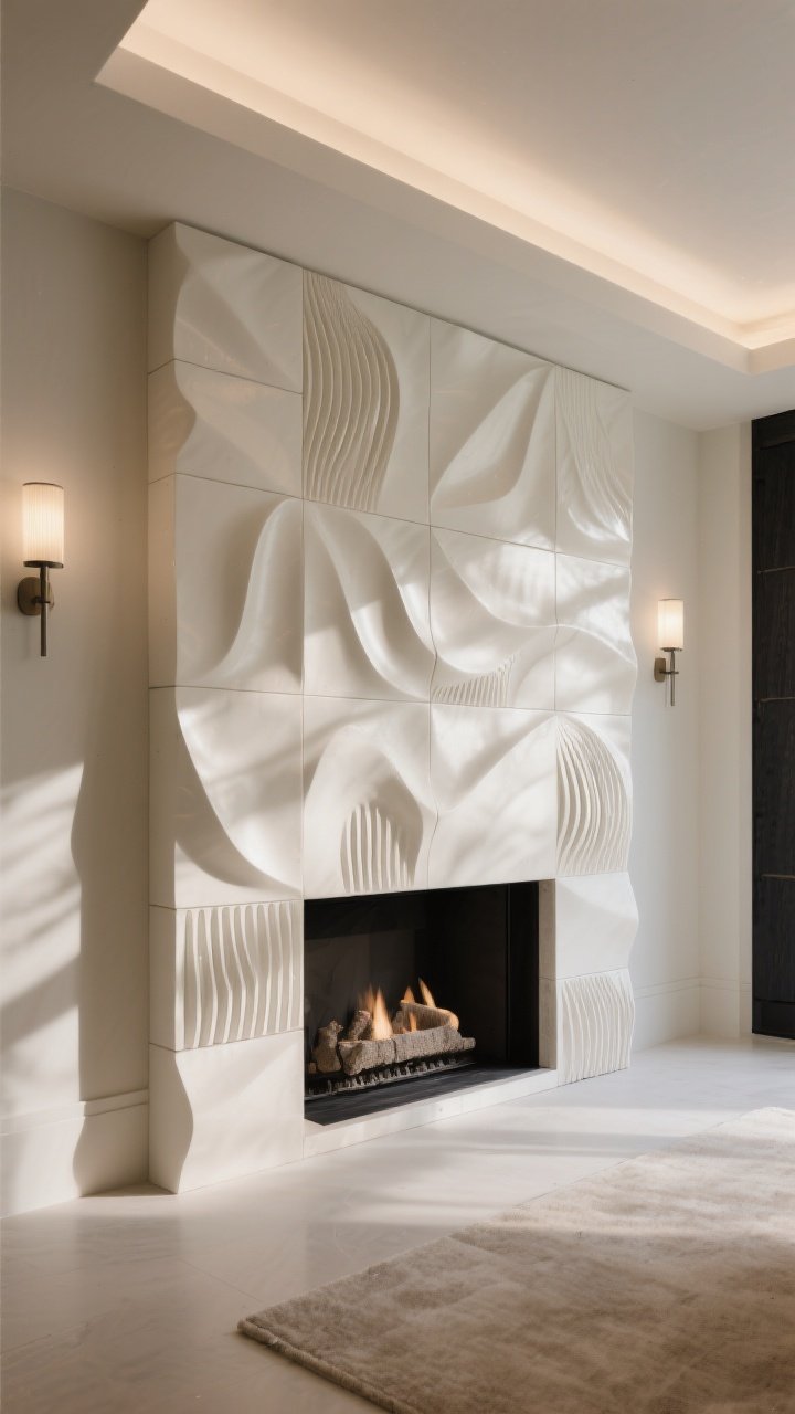 A medium, slightly low-angle shot of a fireplace surrounded by sculptural 3D tiles in quiet ivory, featuring fluted and wave relief patterns; soft wash lighting from an overhead cove and nearby sconces creating dramatic shadow play across the surface; minimal mantel or none to keep focus on the texture; neutral palette (ivory, sand, charcoal accents) to emphasize form; photorealistic depth with crisp highlights and shadows underscoring the high-design, tactile look.