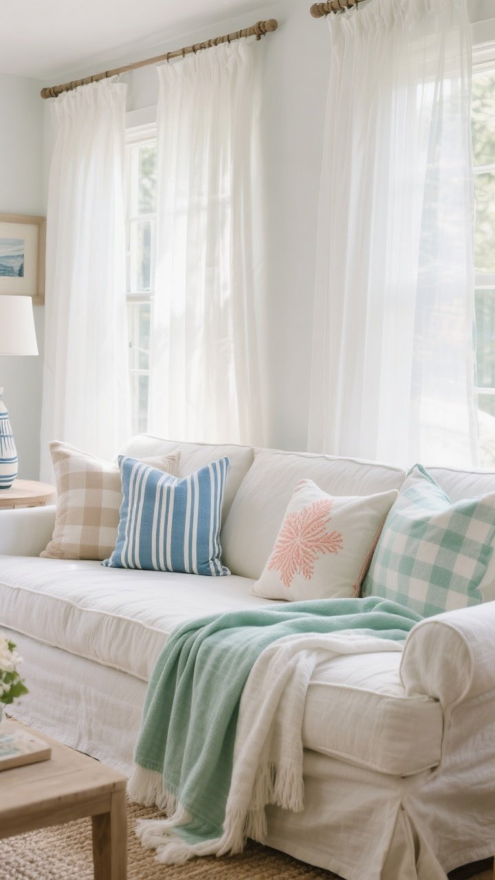 A medium, straight-on living room vignette showing seasonal textile swaps: in summer mode, a linen slipcovered sofa with gauzy white curtains, airy cotton throw in sea-glass green, sand, and crisp white palette; slim blue-and-white stripes and coastal checks on pillows, plus a subtle coral motif cushion. Include soft natural daylight streaming through sheer curtains, minimal accessories, no nautical clichés, photorealistic.