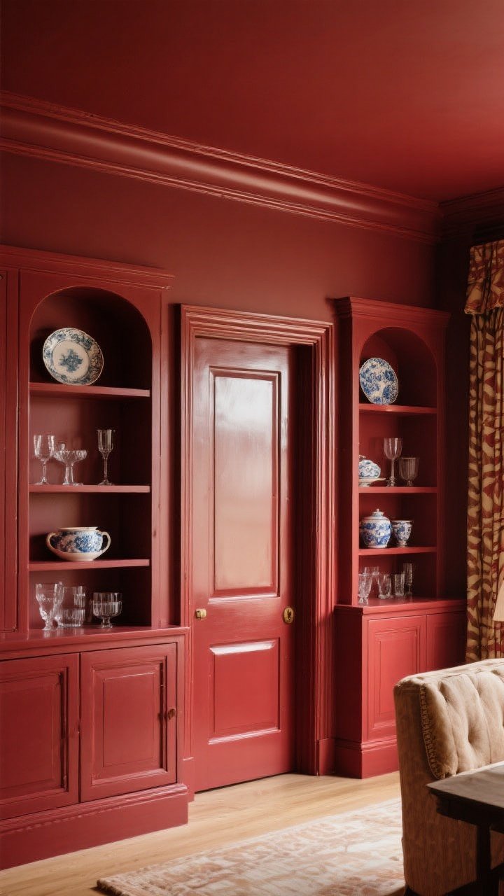 A medium straight-on shot highlighting color-drenched architectural details: oxblood-painted trim and glossy interior doors, a ceiling painted one shade darker than the walls for a cocoon effect, and built-ins with a contrasting interior color that spotlights china and glassware; finishes in subtle gloss to bounce light; cohesive palette repeated in nearby textiles; warm, even lighting; photorealistic, no people.