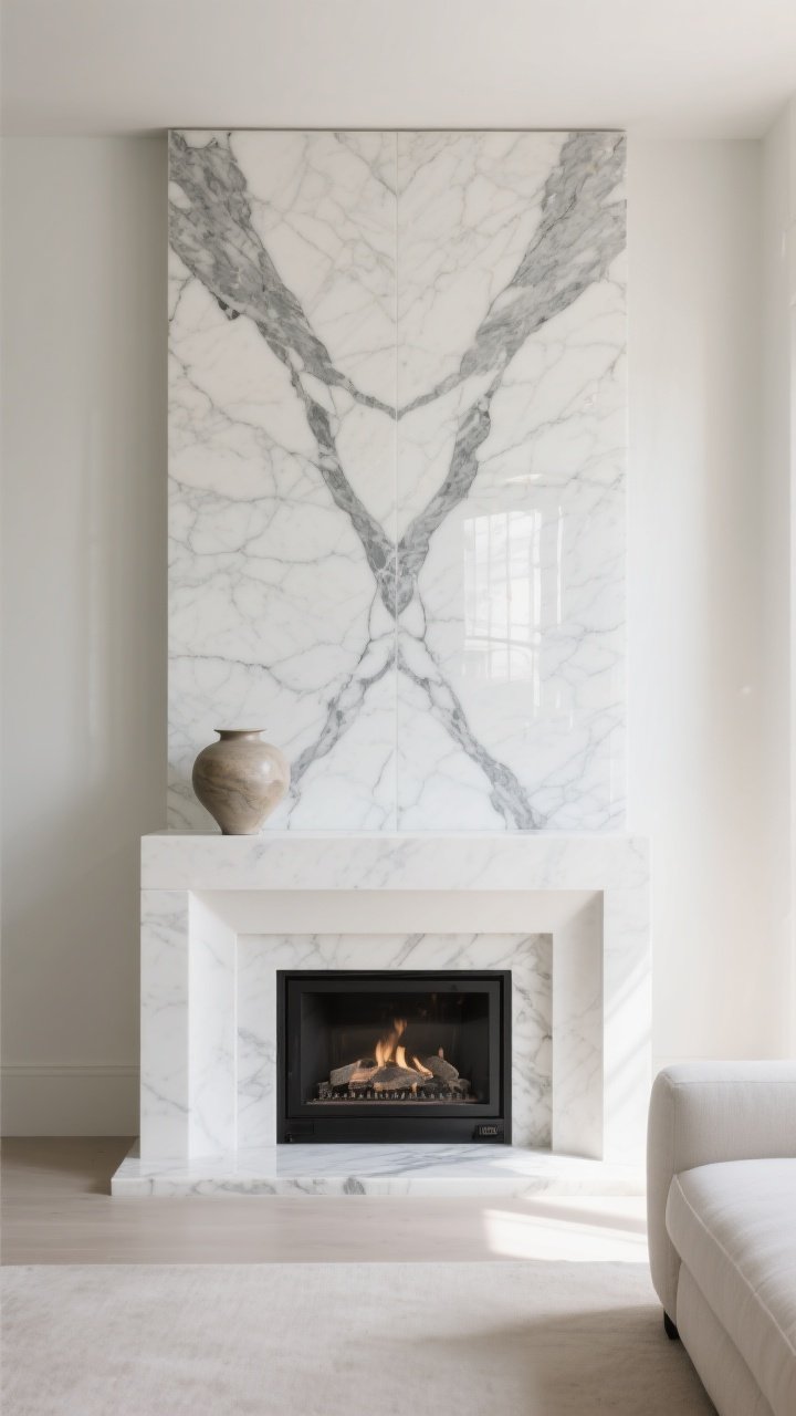 A medium, straight-on shot of a modern living room fireplace clad in a single large polished white marble slab with dramatic gray veining, bookmatched for a mirrored butterfly effect; simple minimalist white plaster mantel, black metal firebox, and a single sculptural ceramic vase on the mantel; soft daylight bouncing off the marble to brighten the space; neutral walls and minimal decor to let the stone anchor the room; photorealistic, crisp detail on the veining and reflective sheen.