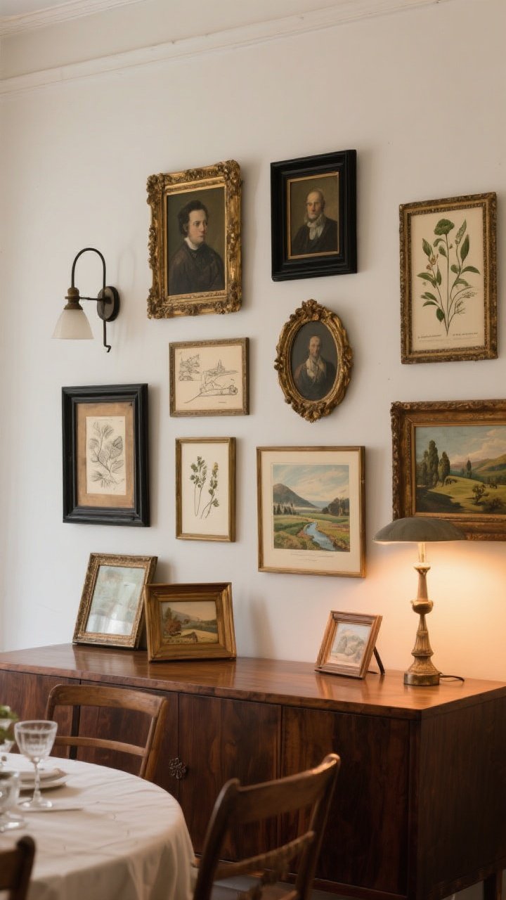 A medium, straight-on view of a dining room gallery wall above a sideboard: a balanced mix of small oil portraits, botanical prints, travel sketches, and a quirky landscape, all in patina’d gilt, black, and wood frames with each frame type repeated at least twice; include one renegade sconce tucked between frames and a few framed pieces casually leaning on the sideboard; warm ambient lighting for a collected, storied mood; photorealistic, no people.
