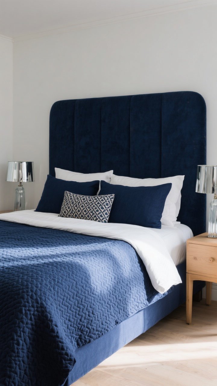 A medium-wide bedroom view styled like a boutique hotel: navy linen duvet cover with a textured waffle or matelassé finish on a neatly made bed; crisp white sheets peeking at the cuff; two solid shams and a single patterned lumbar pillow. Keep furniture in light woods; add glass or mirrored bedside lamps for sparkle. Gentle morning light enhances the soothing, grounded navy palette without darkening the room.