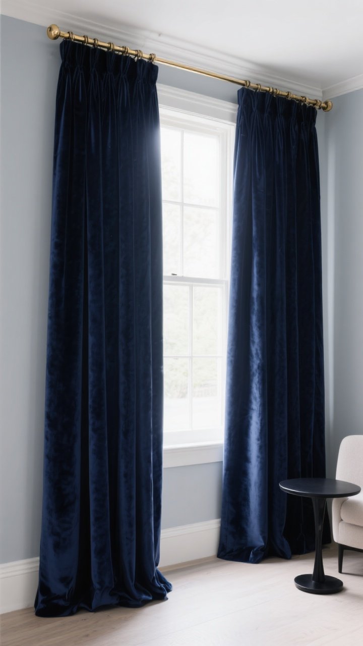 A medium-wide straight-on view of floor-to-ceiling navy curtains hung high and wide around a tall window, rod mounted 8 inches above the frame and extending beyond it; choose lush velvet panels for a glam look, paired with brushed brass hardware. Daylight glows through the sides, making the room luminous rather than dark; pale gray walls, minimal furnishings, and a matte black side table accent for contrast. Emphasize the rich drape and tailored pleats.