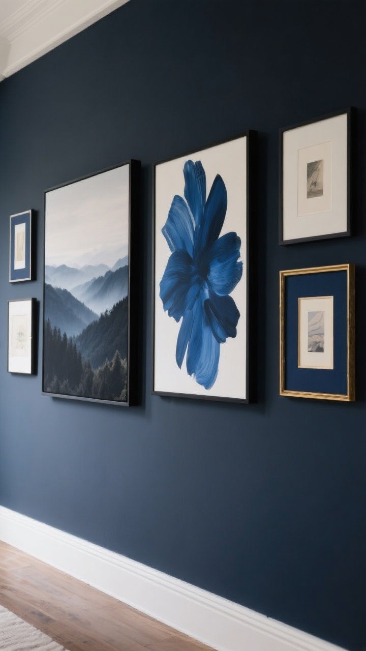 A straight-on gallery wall composition with 2-inch consistent spacing: one large moody landscape and one indigo abstract as anchor pieces, complemented by lighter neutral artworks. Mix navy mats with black frames and a couple of navy frames with subtle brass accents. Optional: set against a dark navy accent wall for heightened drama. Soft, even lighting to minimize glare and emphasize color depth.