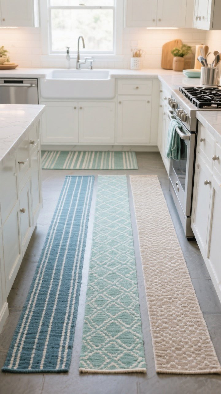 A straight-on kitchen scene featuring a coordinated runner trio: three washable, low-pile runners in a cohesive coastal palette—mineral blues, sea glass green, and sandy taupe—placed along sink, stove, and prep zones. Mix pattern scales (thin stripe + micro-geo) within the same color family. Clean, bright task lighting with a hint of natural light from a window; subtle grippy pads or rug tape keep runners in place on the hard floor.