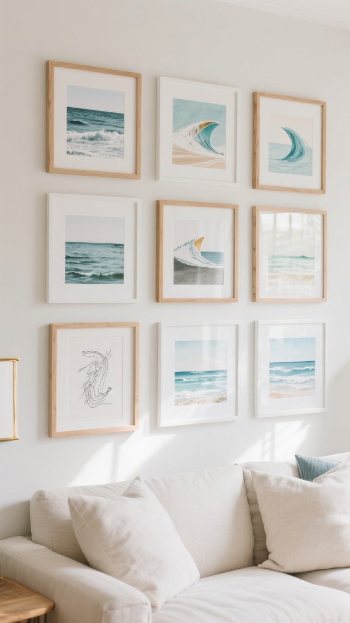 A straight-on medium shot of a living room gallery wall curated seasonally: cohesive frames in white, light wood, and brushed brass; summer rotation featuring minimal ocean photography, surf sketches, and fresh watercolor seascapes. Keep the grid layout consistent, matte paper finish visible, light coastal wall color, soft indirect daylight, photorealistic.