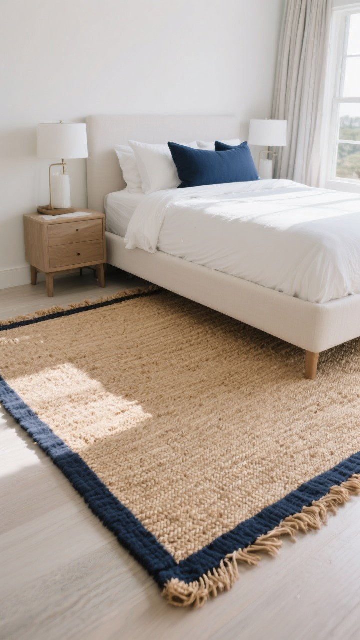 A wide bedroom shot showcasing a statement natural fiber rug with border: sisal or seagrass base with a 2–3 inch dark navy fabric binding framing the rug like art. The organic texture contrasts with crisp trim under a bed, creating beach-meets-tailored quiet luxury. Balanced natural daylight, clean edges visible around the bed and nightstands. No spills, no people; refined, finished look that ties into navy accents in pillows or drapes.