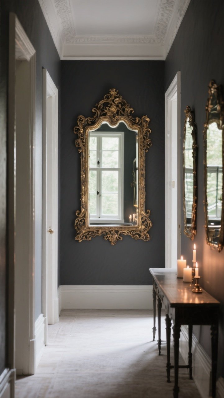 A wide hallway shot showing an ornate baroque mirror with an aged gold frame hung opposite a window, bouncing natural light onto charcoal-painted walls; candles on a narrow console beneath the mirror create romantic reflections; secondary mirrors are absent to keep focus on the single statement mirror; slight corner angle to elongate the perspective; balanced highlights and shadows for atmosphere, photorealistic.