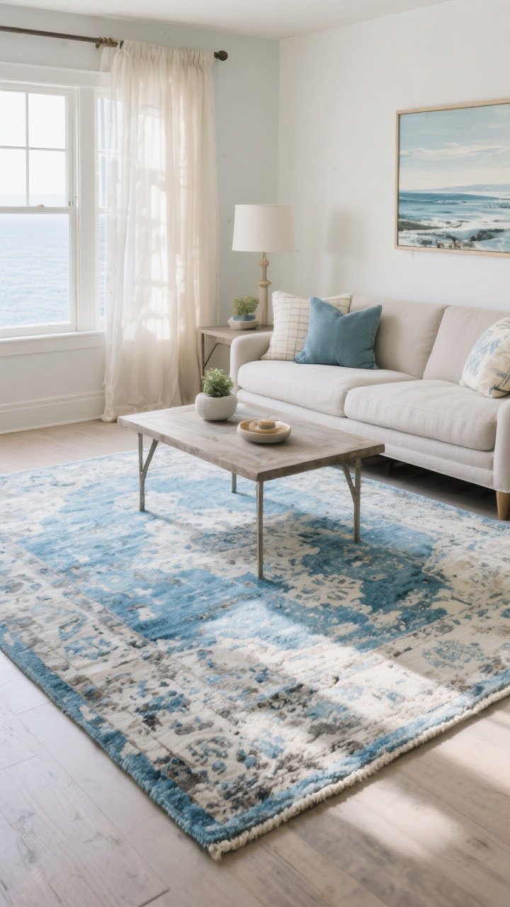 A wide living room shot centered on a weathered blue vintage-look rug: distressed, vintage-inspired pattern in softly faded blues and greys, low-to-medium pile. Clean-lined sofa and coffee table keep the space from feeling fussy; throw pillows and a coastal art print echo the rug’s tones. Gentle afternoon light washes in through sheer curtains, creating a calm, romantic coastal mood while the rug anchors the seating area without overpowering it.