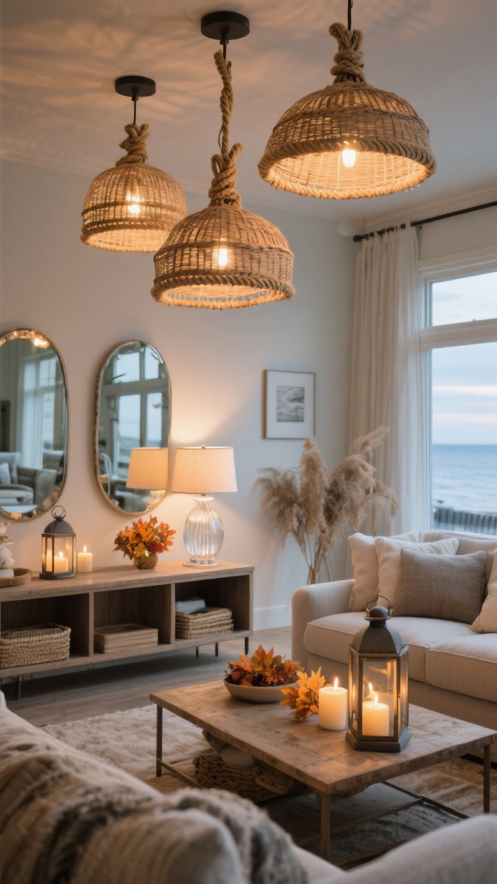 A wide living room shot emphasizing coastal lighting that shifts with the season: smart bulbs set to 3000–3500K in rattan pendants overhead, rope-wrapped table lamp on a console, and a clear glass base lamp on a side table. Fall tweak active: lanterns with LED candles and a dimmed table lamp creating a cozy movie-night glow; mirrors placed to bounce soft light. Natural textures throughout, photorealistic.