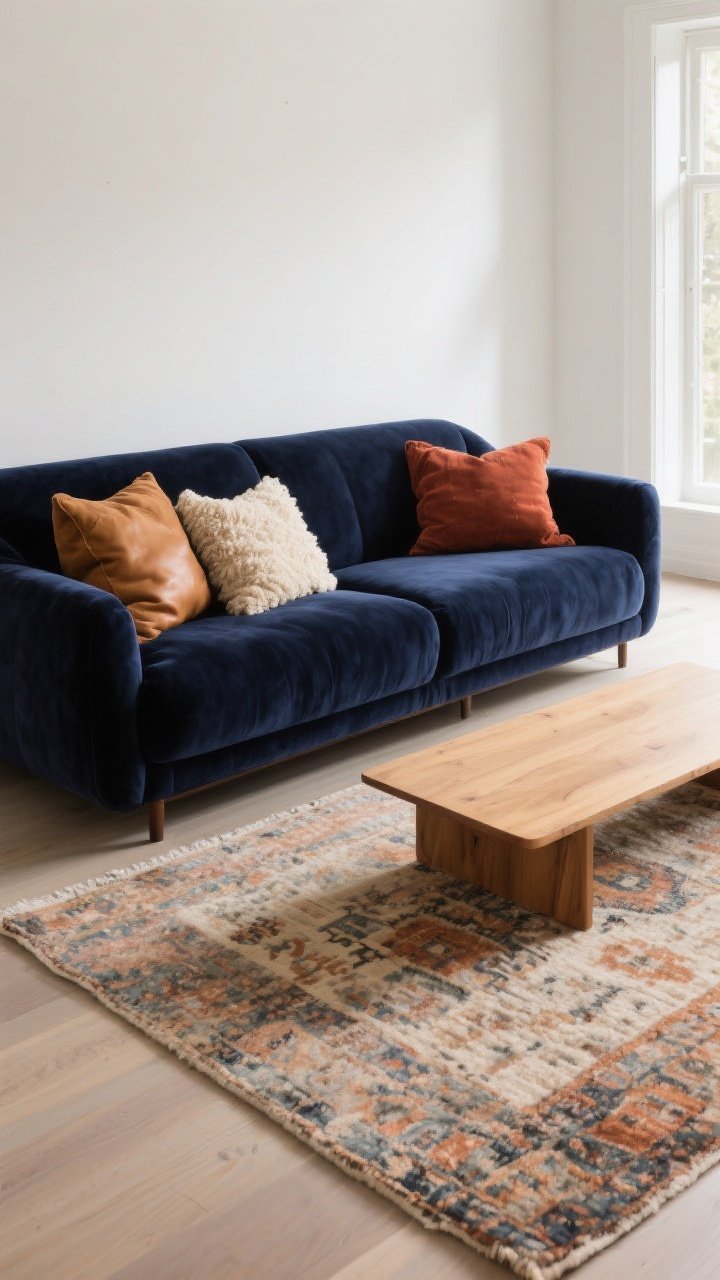 A wide, photorealistic living room shot featuring a dark navy velvet statement sofa against soft white walls, layered with mixed-texture pillows in camel leather, rust linen, and cream bouclé; a nubby wool vintage-pattern rug underfoot, light oak coffee table styled simply, and warm natural daylight streaming in. The scene should feel grounded and sophisticated, with the deep navy anchoring the space and surrounding accents popping subtly. Alternative version: same composition with a dark navy performance fabric sofa, stain-resistant sheen, identical styling.