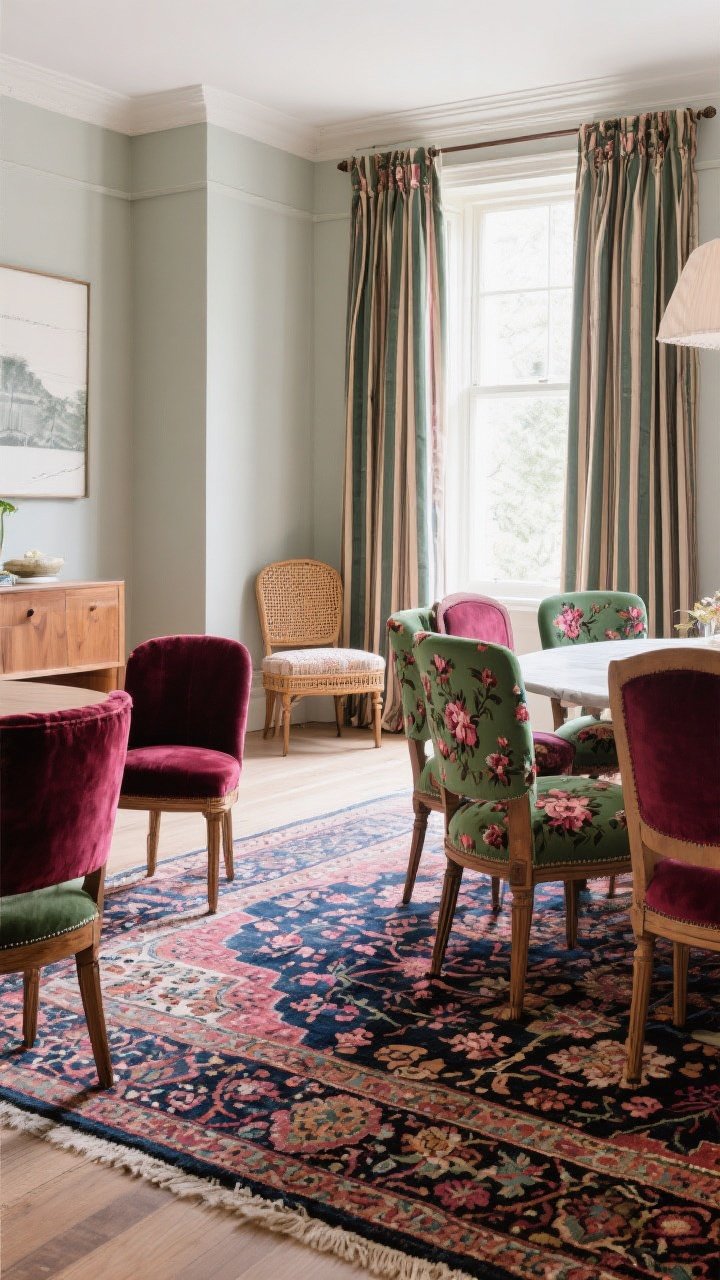 A wide room shot showcasing layered patterns: a richly colored Persian rug as the large-scale base, medium-scale ticking stripe drapes framing a window, and small-scale floral upholstery on dining chair seats; maintain a cohesive palette of oxblood, bottle green, inky blue, and raspberry repeated throughout; add textures of velvet seat cushions, linen drapes, cane chair backs, and wood furniture; soft, diffused daylight; photorealistic, no people.