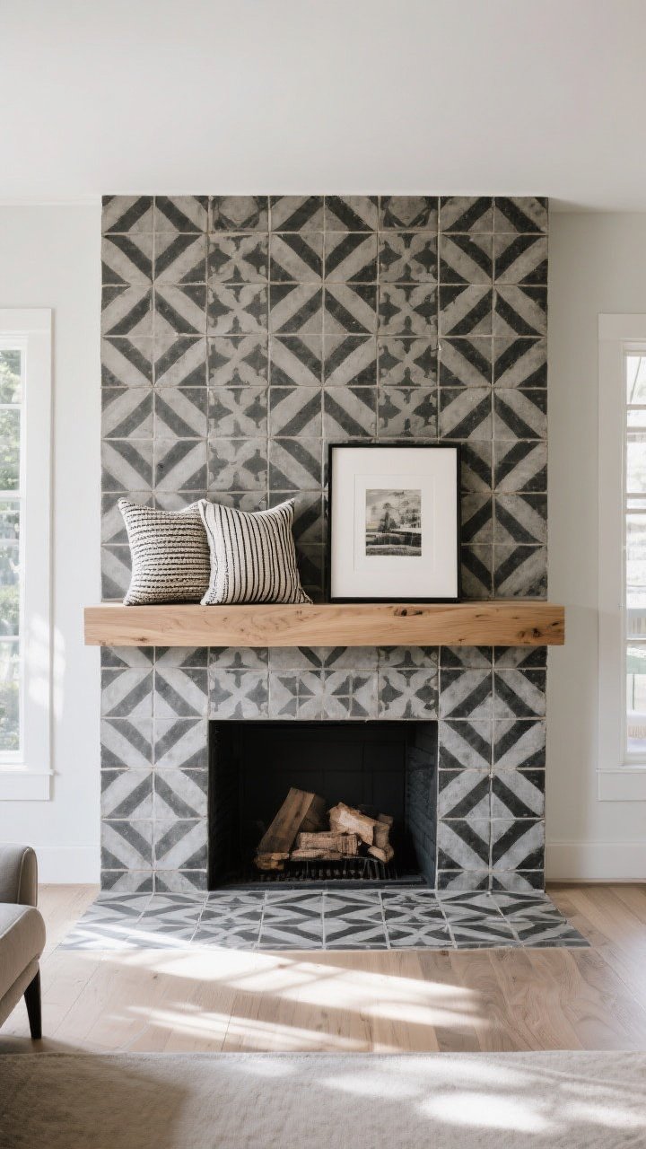 A wide, straight-on room shot featuring a fireplace surrounded by bold patterned cement tiles with a graphic black-and-white geometric motif; matte finish tiles forming a striking focal wall; a neutral oak mantel to keep the pattern from competing; cohesive accents pulling a hero hue from the tile into a pair of pillows and framed art; natural daylight with soft shadows, sealed tile surface subtly matte; contemporary furnishings kept minimal to let the surround play main character.