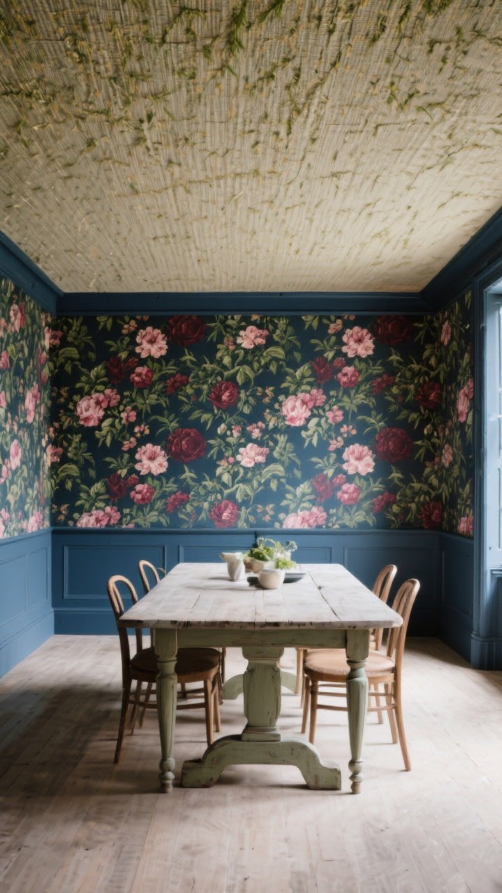 A wide, straight-on shot of a maximalist dining room wrapped in moody floral wallpaper that feels like it’s lived in a European townhouse, with the trim color-matched to the wallpaper’s inky blue background, a light neutral ceiling, and a classic farmhouse dining table centered under soft daylight; include subtle grasscloth on the ceiling for texture, and palette notes of olive, oxblood, and raspberry in the wallpaper print; photorealistic, no people.