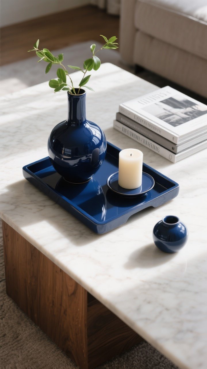 An overhead detail shot of a coffee table vignette: a lacquered navy tray holding a glossy navy ceramic vase with simple greenery and a candle, stacked atop a navy-toned design book. Nearby, include a subtle echo of navy in a small object. The setting sits on a wood or light stone tabletop, with soft, directional light producing gentle highlights and reflections, adding sharp, intentional polish without people present.