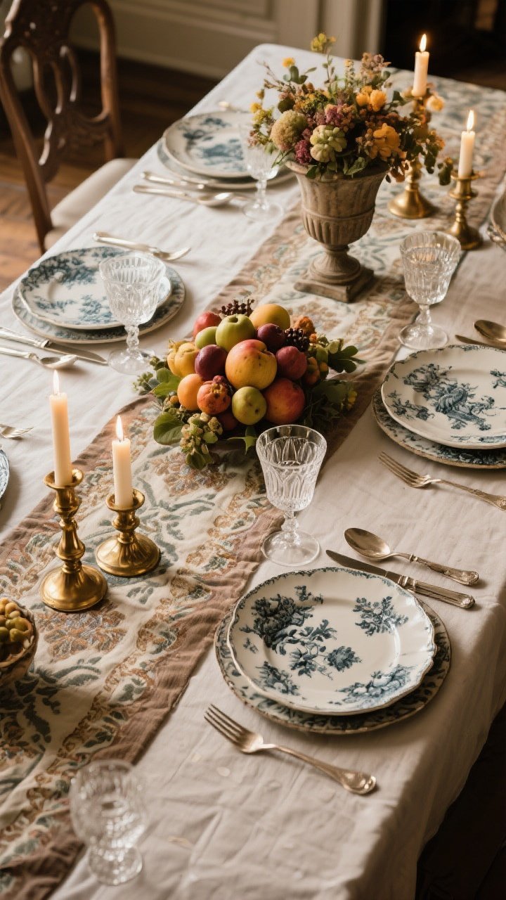 An overhead detail shot of an opulent tablescape: layered linens with a patterned runner over a solid tablecloth, place settings of transferware atop ironstone, cut crystal stemware, mismatched silver flatware, and mixed metals with brass candlesticks; a sculptural centerpiece of piled seasonal fruit and a low floral arrangement in a vintage urn; soft candlelight and warm ambient glow; photorealistic, no people.