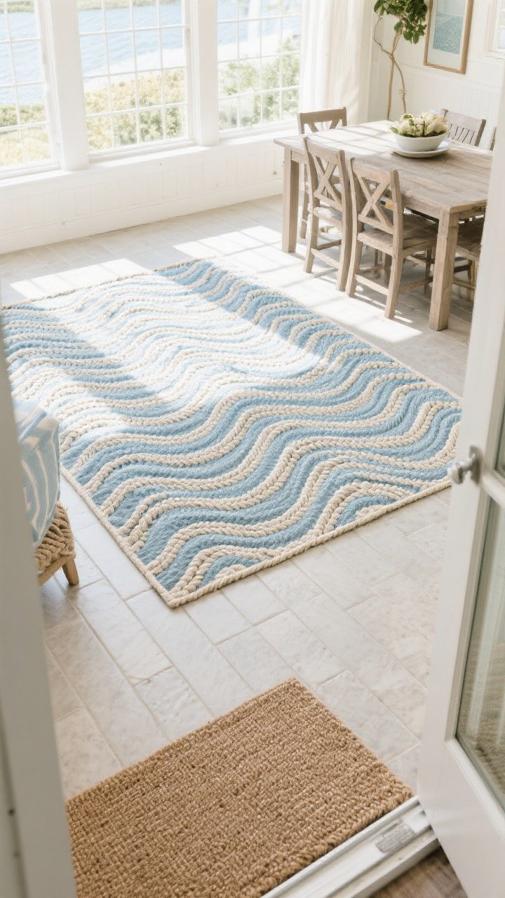 An overhead shot of an indoor/outdoor coastal workhorse rug on a sunroom floor: polypropylene/PET flatweave with a subtle tone-on-tone wave or rope texture in a coastal palette of soft blue and sand. The scene includes a sturdy dining set nearby and a thick rug pad peeking slightly at one corner indoors for cushier feel. Bright, sunlit space with UV-safe hues that resist fading; durable, easy-clean vibe, no stains or people present.