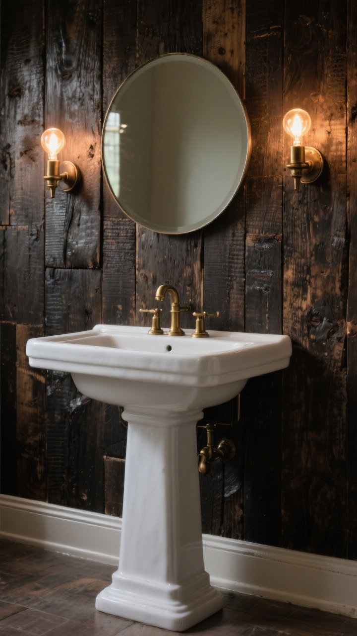 Closeup/detail, moody powder room wall: dark reclaimed wood planks with rich patina behind a crisp white pedestal sink; round mirror centered, glowing slightly from warm-bulb twin sconces flanking it in ebonized or unlacquered brass; fine water-resistant sheen on wood, tiny gap visible at the base near the vanity edge for maintenance; tight framing to emphasize contrast and jewel-like fixtures; soft, warm, intimate lighting; straight-on crop, photorealistic.