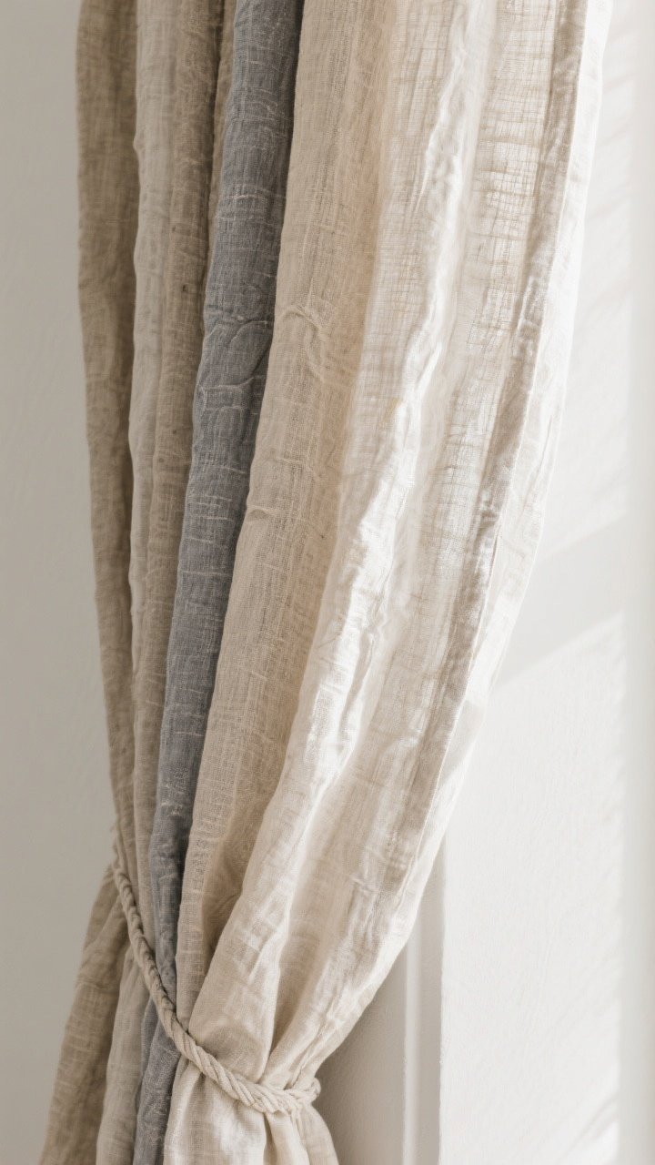 Closeup detail of rumpled linen curtain panels in coastal neutrals—oatmeal, sand, and fog gray—showing the breathable, earthy texture and relaxed wrinkles; lightly lined for subtle structure; natural daylight skimming across the weave to emphasize depth without heaviness; composition focuses on the fabric edge and hem drape against a light wall