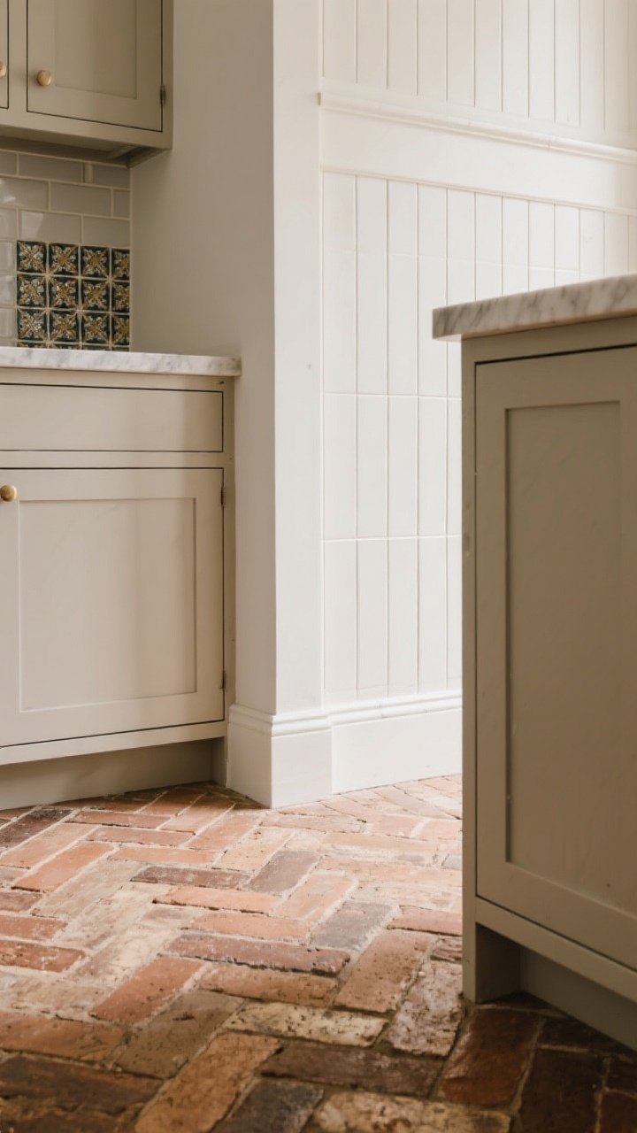Closeup detail of the texture trio: herringbone brick floor in warm, hand-finished tones meeting a simple subway tile backsplash with honed finish; edge of a shaker cabinet visible, showing soft light playing on surfaces; alternate vignette includes beadboard backsplash with a slim marble shelf or a small patch of zellige tile to show handmade shimmer; focus on tactile depth and honed surfaces that hide smudges; soft side lighting, photorealistic.