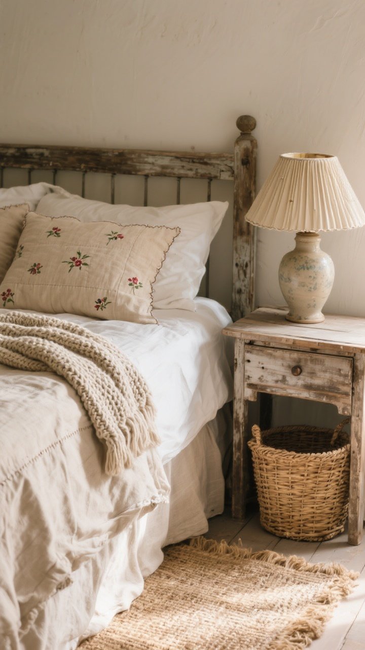 Closeup detail shot: a layered bed corner in a farm cottage bedroom showing rumpled natural linen sheets in oatmeal, a hand-stitched tiny floral quilt folded over the edge, and a chunky knit throw draped casually; beside the bed, a weathered wood nightstand holds a ceramic lamp with a pleated shade; woven seagrass basket and jute rug texture visible below; soft morning natural light grazing the fabrics to highlight weave and stitching; no people, photorealistic, tactile textures emphasized.