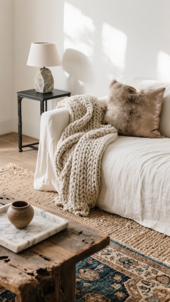 Closeup detail shot: A light linen slipcovered sofa with a chunky cable-knit throw draped over the arm and a faux-fur pillow nestled beside a smooth leather cushion; behind it, a small polished stone lamp on a sleek blackened metal side table. Foreground shows layered rugs: a coarse jute base with a smaller vintage Persian rug on top. A reclaimed wood coffee table holds a marble/travertine tray with hand-thrown pottery. Natural morning light, soft shadows, high texture contrast, imperfect finishes visible (wormholes in wood, slubby linen). Neutral palette of creamy whites, mushroom taupes, and warm wood.