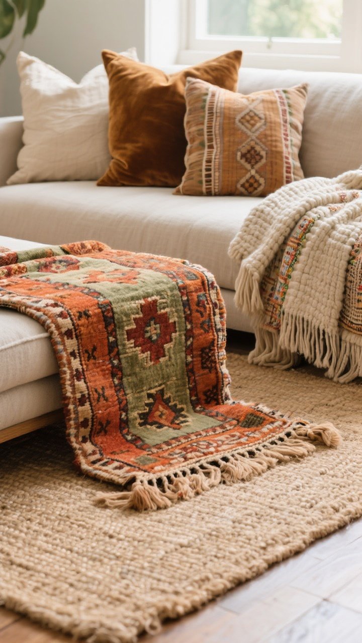Closeup detail shot of layered textiles on a living room floor: a large neutral jute rug base with a smaller vintage kilim rug layered on top, warm earthy undertones with terracotta, rust, and olive accents; a chunky knit throw casually draped alongside a lightweight kantha quilt for contrast; an arrangement of pillows in mixed sizes (18”, 22”, lumbar) featuring linen, velvet, and mudcloth with fringe, tassels, and embroidery; soft natural window light emphasizing texture and weave; no people, photorealistic.