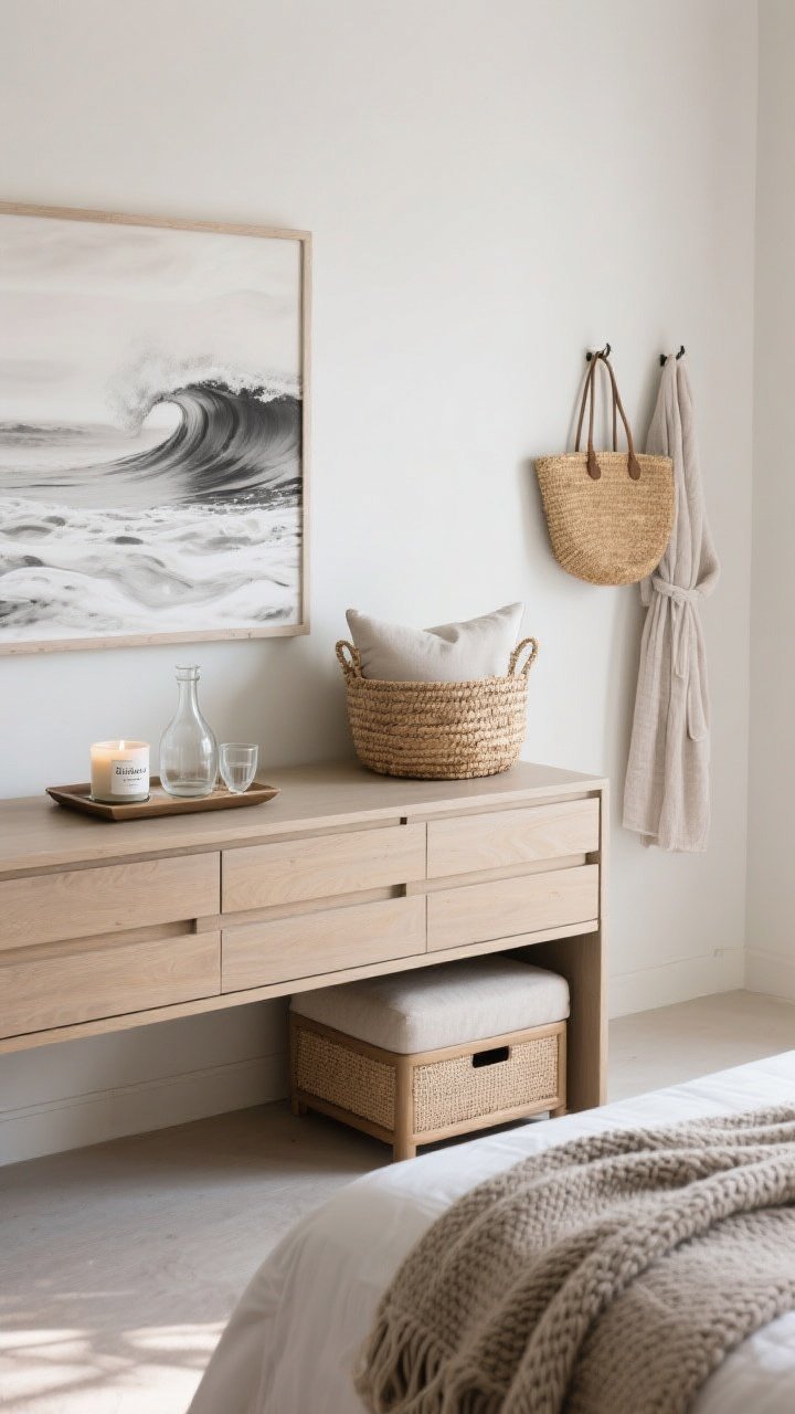 Closeup dresser-top and wall vignette of finishing touches: an oversized, soft abstract coastal artwork leaning on the dresser or a misty black-and-white surf photograph above it; a woven basket nearby for extra pillows; a compact storage ottoman edge in frame. On a bedside tray, include a candle labeled with salt/bergamot/neroli notes, a glass carafe with tumbler, and a muted knitted throw draped over the bed corner. Add wall pegs with a straw bag and lightweight robe. Soft afternoon light, minimal clutter, boutique-hotel calm.