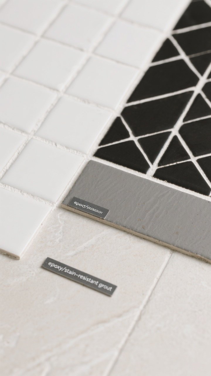 Closeup: Grout comparison vignette featuring three tile swatches side-by-side—white tile with matchy-matchy white grout (soft, seamless), white tile with high-contrast black grout (crisp pattern definition), and mid-tone gray grout on a light floor tile (practical for high-traffic zones). Include a small label slate or subtle visual cue indicating “epoxy/stain-resistant grout” to imply easy maintenance. Overhead flat-lay with soft studio light revealing grout color impact.