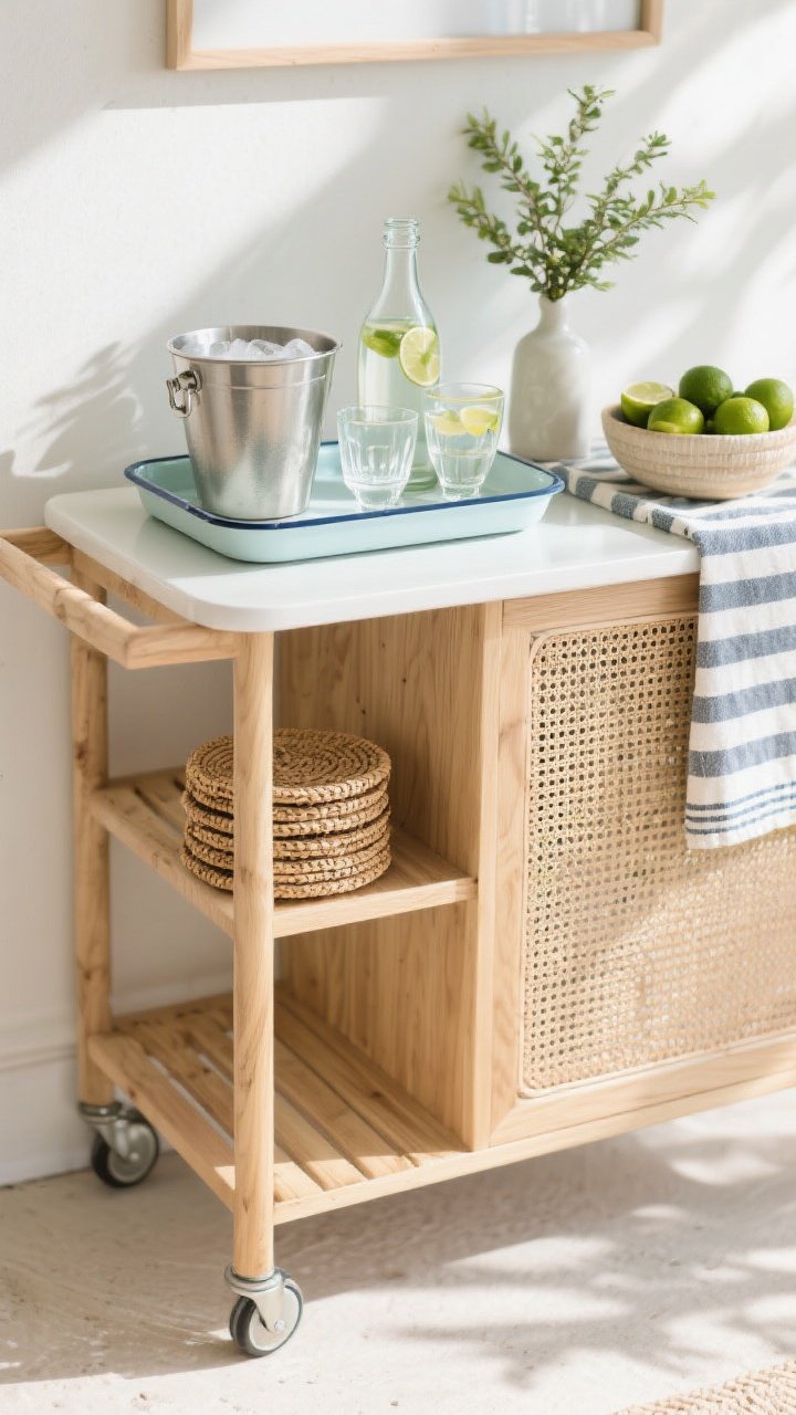 Closeup of a breezy coastal bar cart: rolling cart with slatted wood shelves and cane panel detail, styled with an enamel tray holding an ice bucket, acrylic glasses, a small carafe for a signature spritz, and sparkling water; woven coasters stacked beside a striped tea towel; small vase with clipped greenery and a bowl of limes adding color; shaded afternoon light, photorealistic.