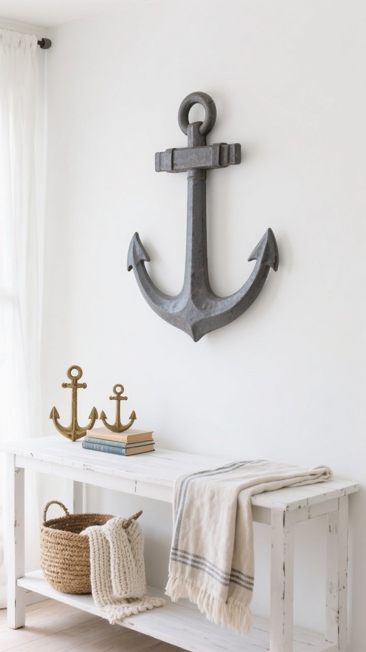 Closeup, straight-on view of a large clean-lined matte iron anchor mounted above a minimal white console on a crisp white focal wall, paired with soft textures: a folded linen runner, a jute basket, and cotton-knit throw nearby; complementary aged brass mini anchor bookends holding nautical books on the console; muted coastal palette with white-washed wood accents; soft natural daylight for a refined, minimal, chic nautical look—no kitschy elements, one bold anchor as the hero.