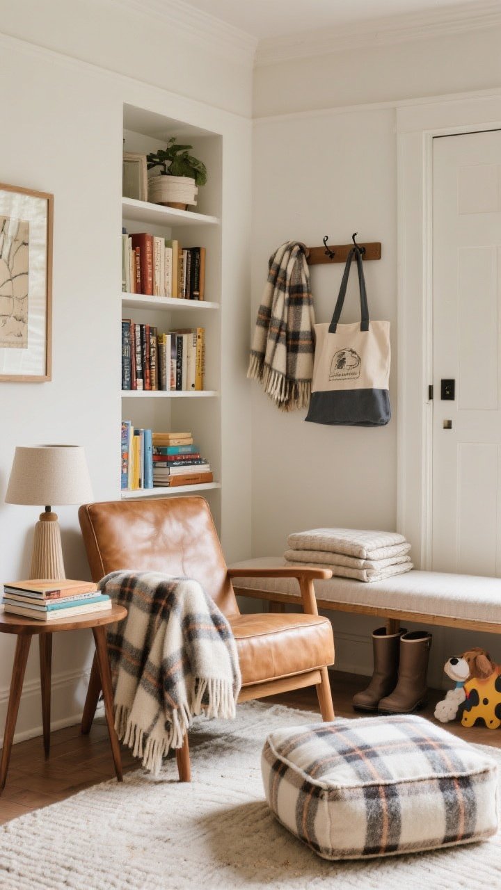 Composite micro-moments, medium shots stitched within one scene: a reading nook with a comfy leather chair + wool plaid draped over the arm, small side table with books, and a reading lamp; a fabric chair variant shows cotton plaid for airy comfort; color layering repeats one hue from bookshelf spines or wall art in the blanket; an entryway bench with a neatly folded plaid, a tote, and boots nearby; peg rail above with a second blanket/scarf echoing the pattern; a kids’/pet zone floor cushion with a folded cotton or cotton-blend plaid on top—durable, machine-washable, crumb/pet-hair-forgiving plaid; tidy, intentional styling, soft ambient light, no people.