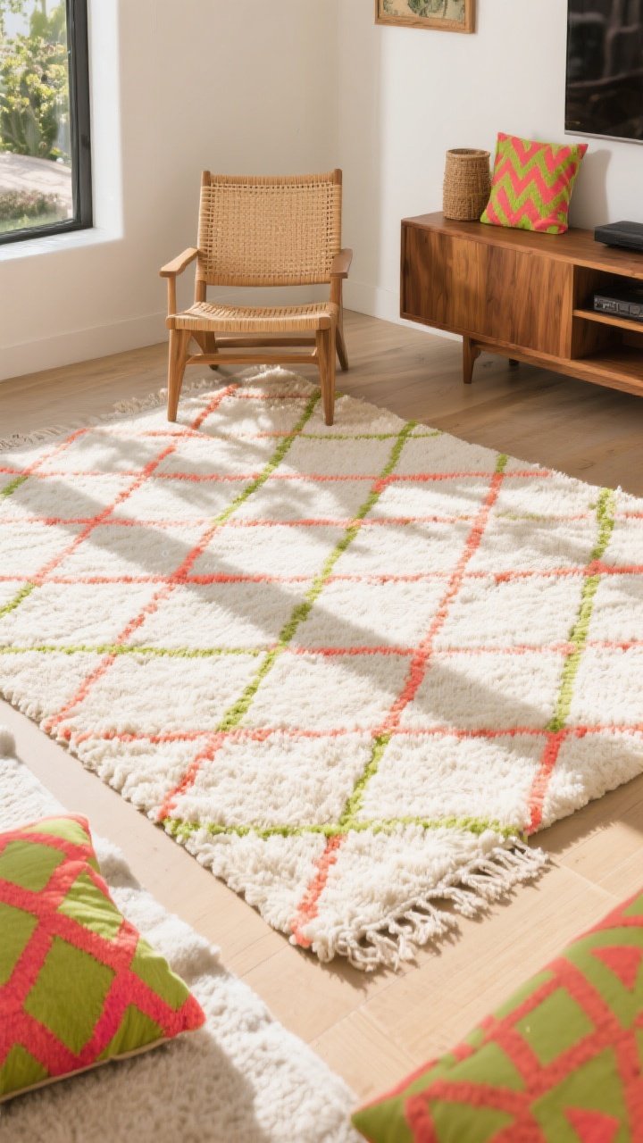 Corner angle, medium shot: A Moroccan Beni Ourain–inspired rug with plush off-white pile and a simple diamond lattice drawn in neon coral and chartreuse lines, grounding an open-plan living area. Earthy woods and rattan elements—a rattan lounge chair, oak media console—temper the neon. Graphic pillows with angular patterns riff on the rug’s grid. The rug is generously sized to define the zone. Bright daytime lighting, sun casting gentle shadows across the textured pile.