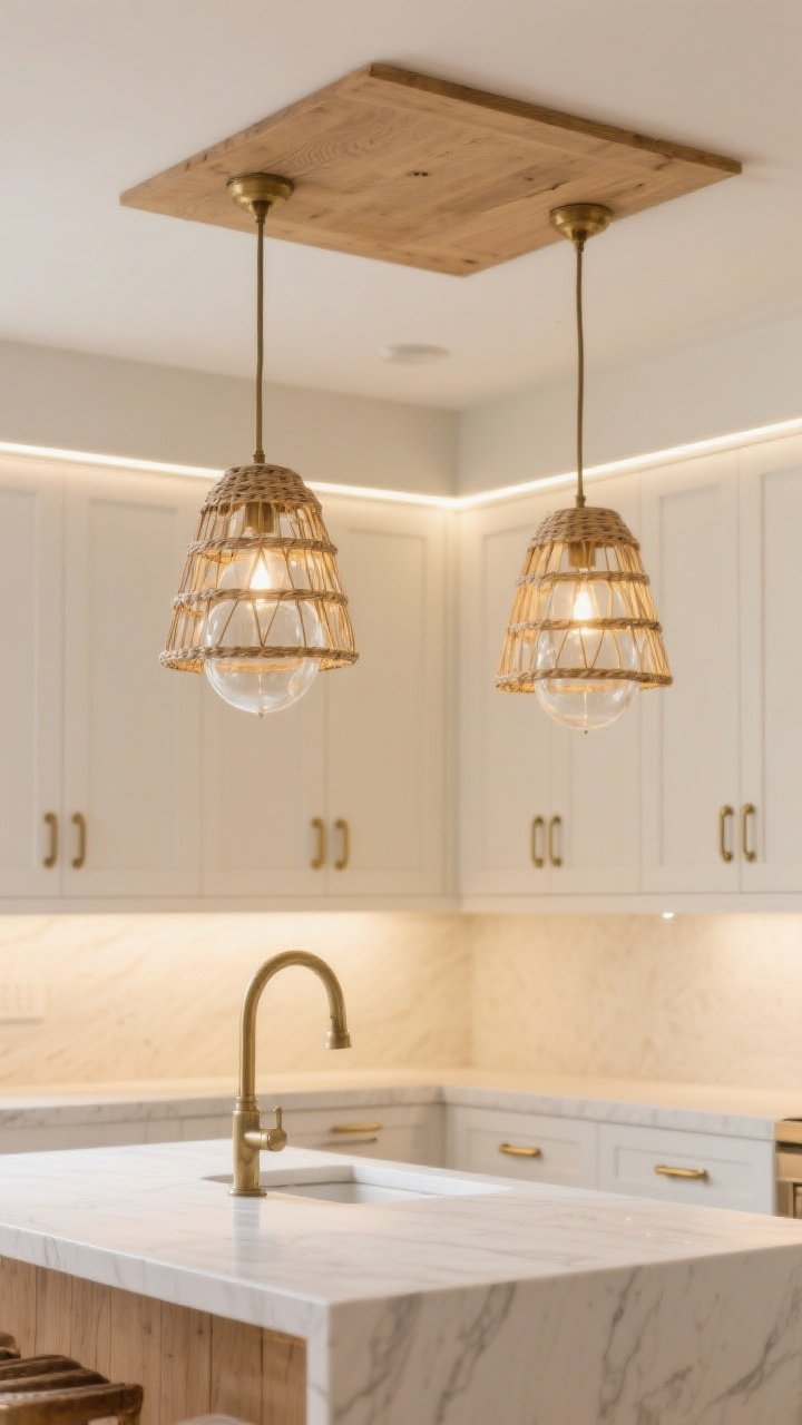 Corner-angle medium shot emphasizing breezy lighting and sun-kissed hardware: two woven pendants over the island paired with slim glass globes featuring aged brass, a whitewashed wood flush-mount on the ceiling, slim LED strips glowing under upper cabinets; cabinet hardware in consistent brushed brass with simple knobs and cup pulls on white cabinetry; warm metal tones softening the space under bright but not harsh illumination.