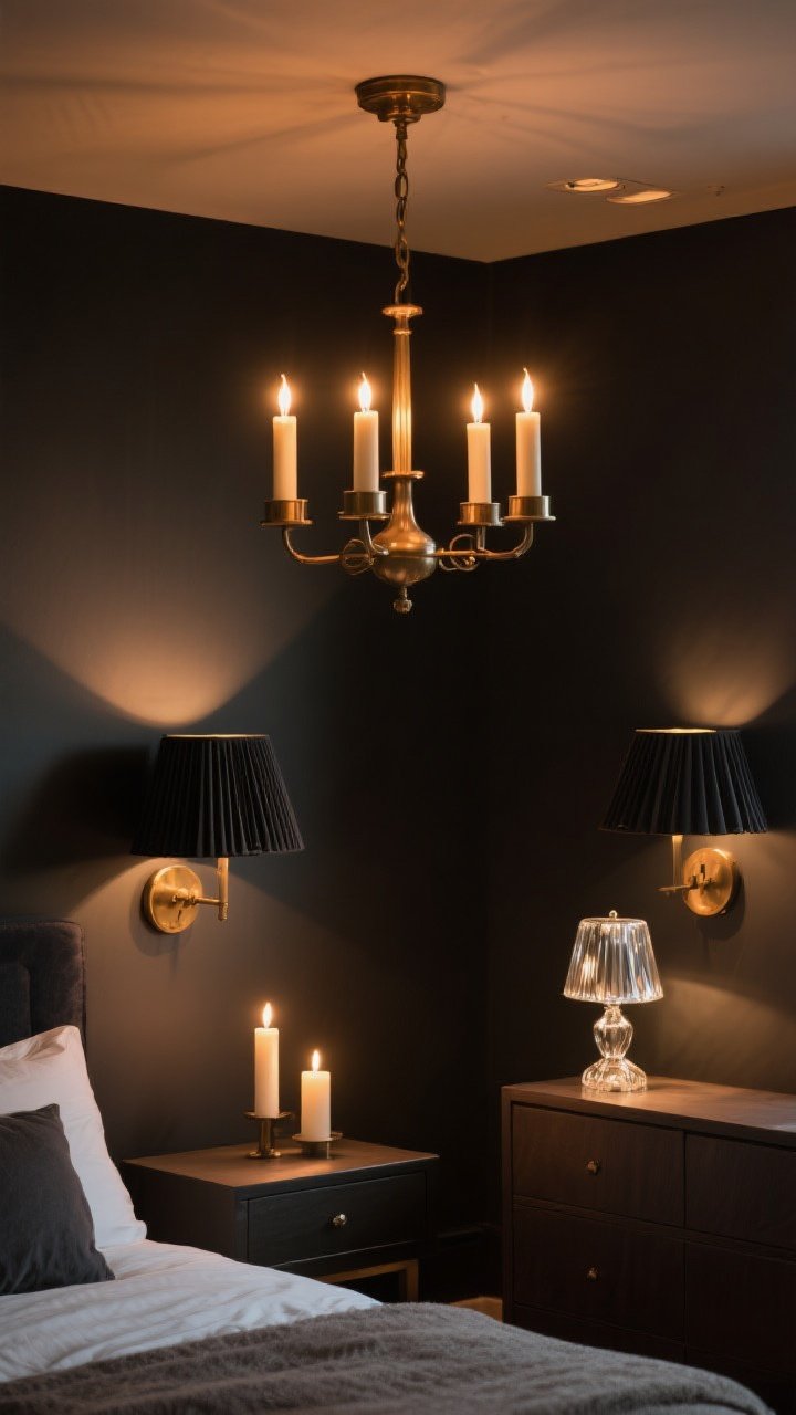 Corner-angle medium shot showcasing layered lighting that glows: a candle-style chandelier with warm 2700K bulbs on a dimmer casting ambient light, bedside sconces with pleated opaque black shades in antique brass for task lighting, and a small mercury glass table lamp on a dresser as accent lighting. Include a pair of LED taper candles flickering safely on a nightstand for atmosphere. Overall warmth and dusk-like mood, minimal glare, subtle shadow play on dark walls; photorealistic, no people.